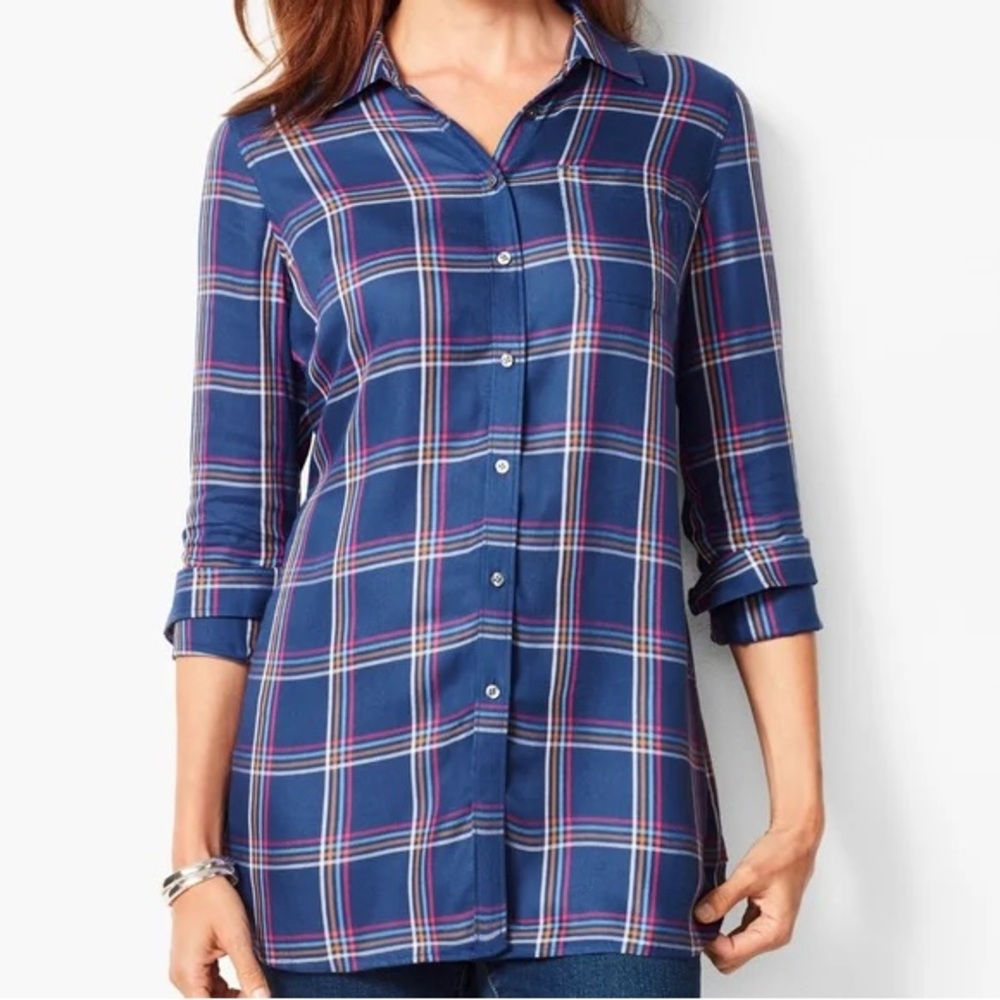 Talbots M Buckingham Blue Pink Plaid Long Sleeve Button Down Shirt Top